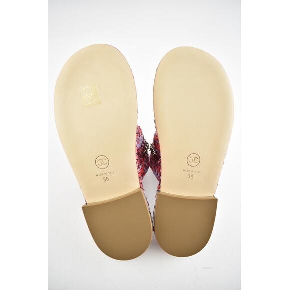 Chanel 20S Red Purple Raffia Tweed CC Chain Logo Mule Slide Strap Flat Sandal 36 - Picture 12 of 12